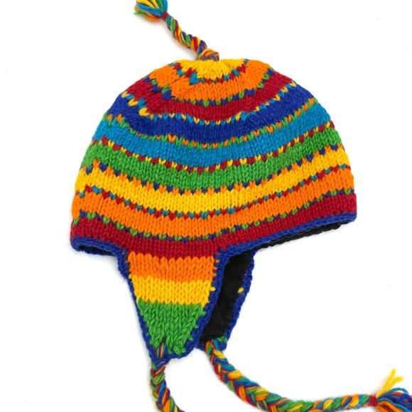 Rainbow Wool Sherpa Hat Beanie Striped Earflap Toque Toboggan Stocking Cap Nepal - Picture 6 of 6